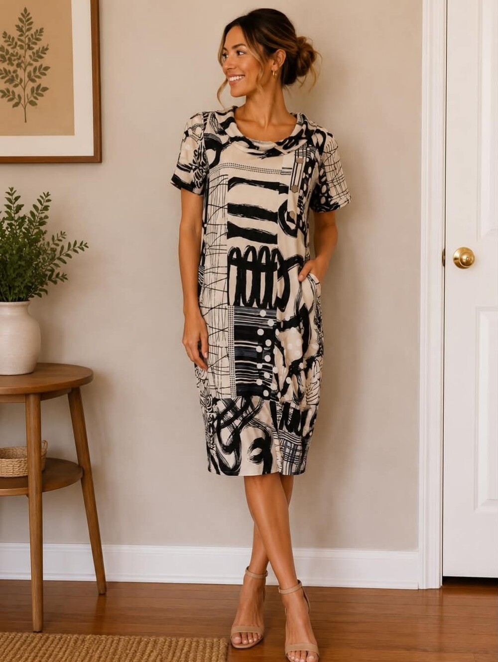 Joseph Ribkoff Black & Cream Graphic Short Sleeve Midi Dress